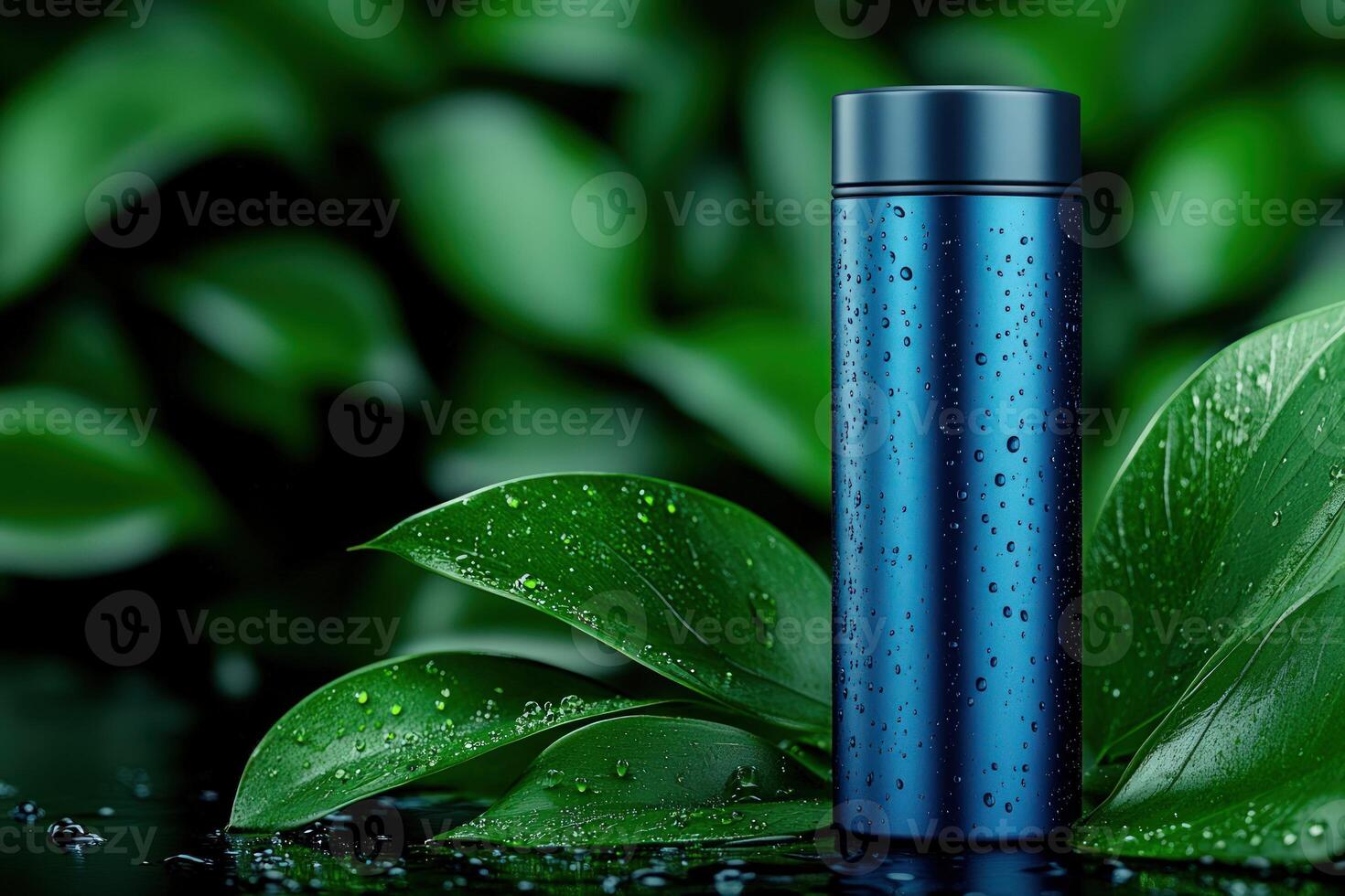 Metallic blue water bottle resting on dark surface, surrounded by lush green leaves, copy space photo