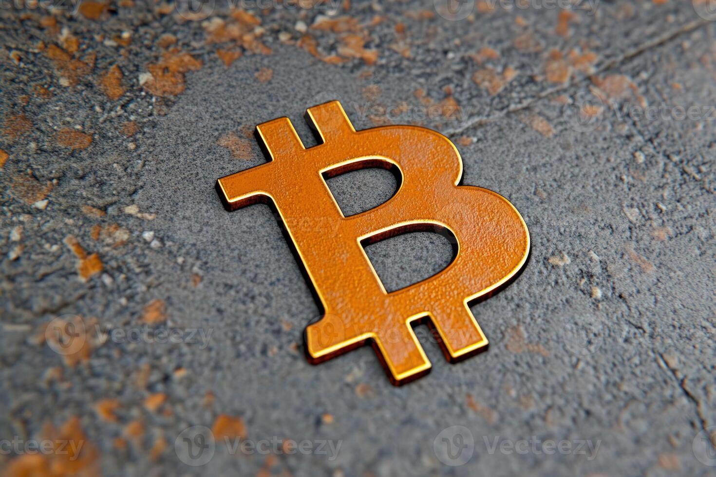 Golden bitcoin symbol lies on textured surface, representing cryptocurrency photo