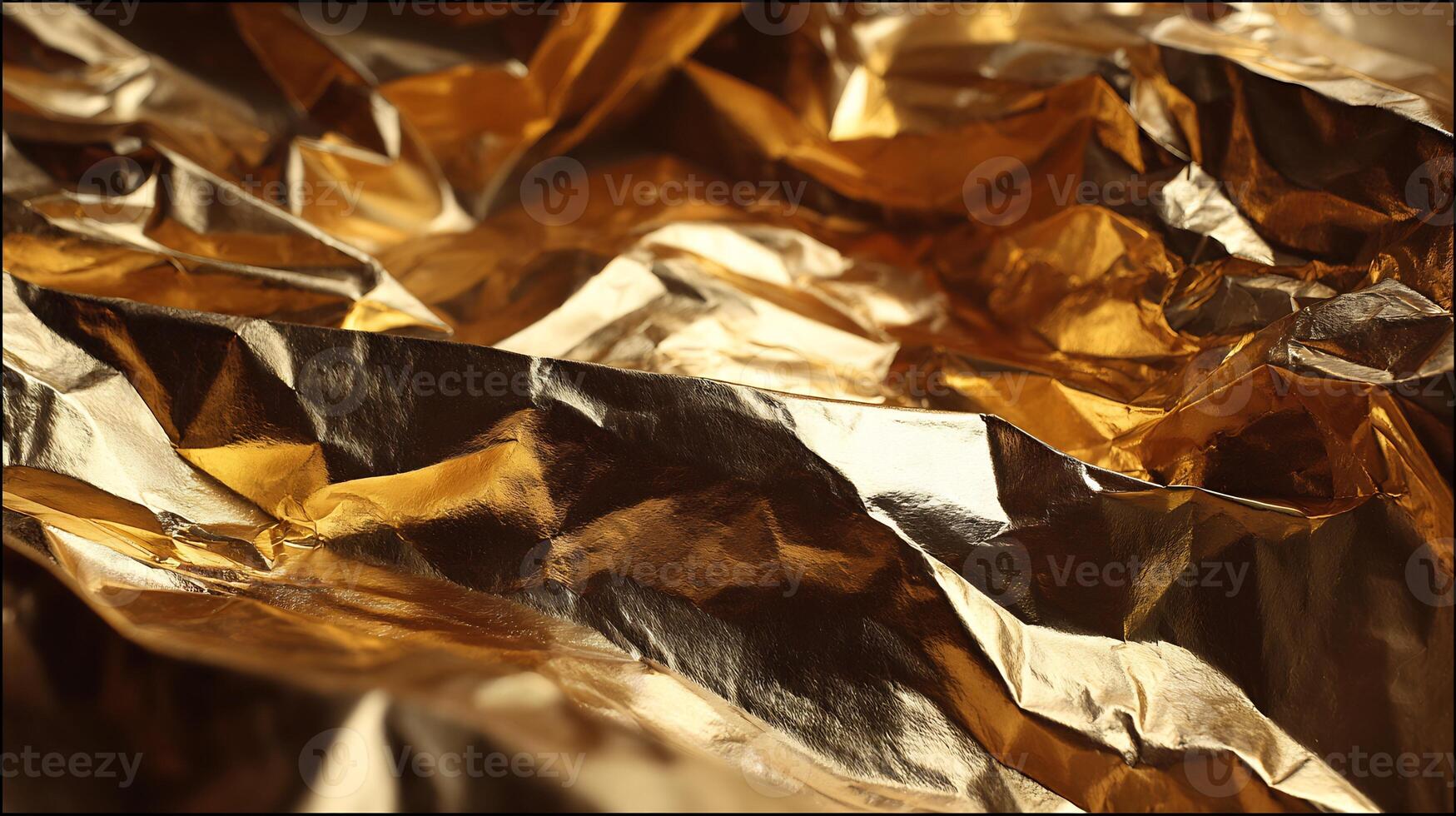 Close-up of crumpled gold foil with shiny surface and abstract texture. Rich gold and bronze tones. photo