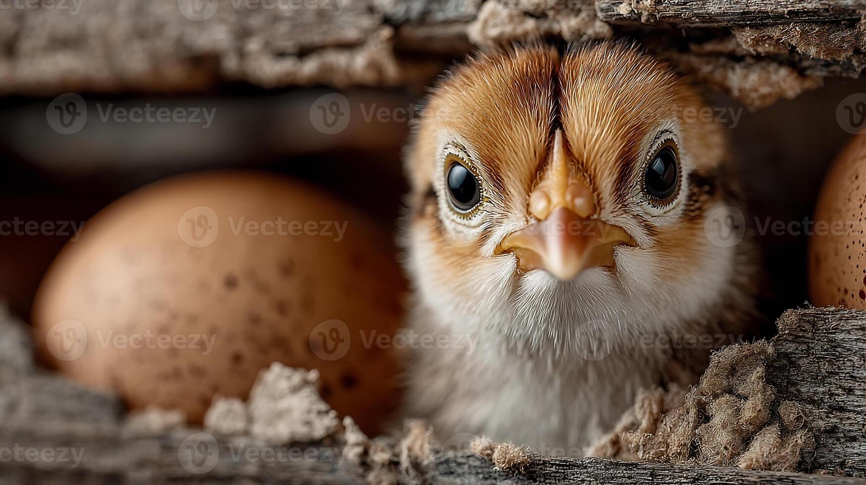 Close-up of an adorable baby chick in its rustic wooden nest with eggs. photo