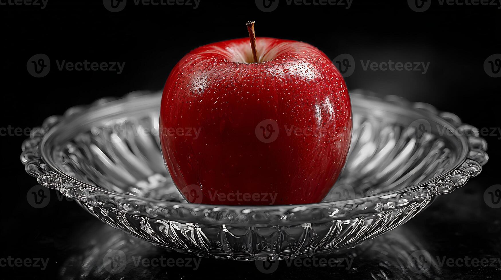 A crisp, vibrant red apple with glistening water droplets in a clear glass bowl. photo
