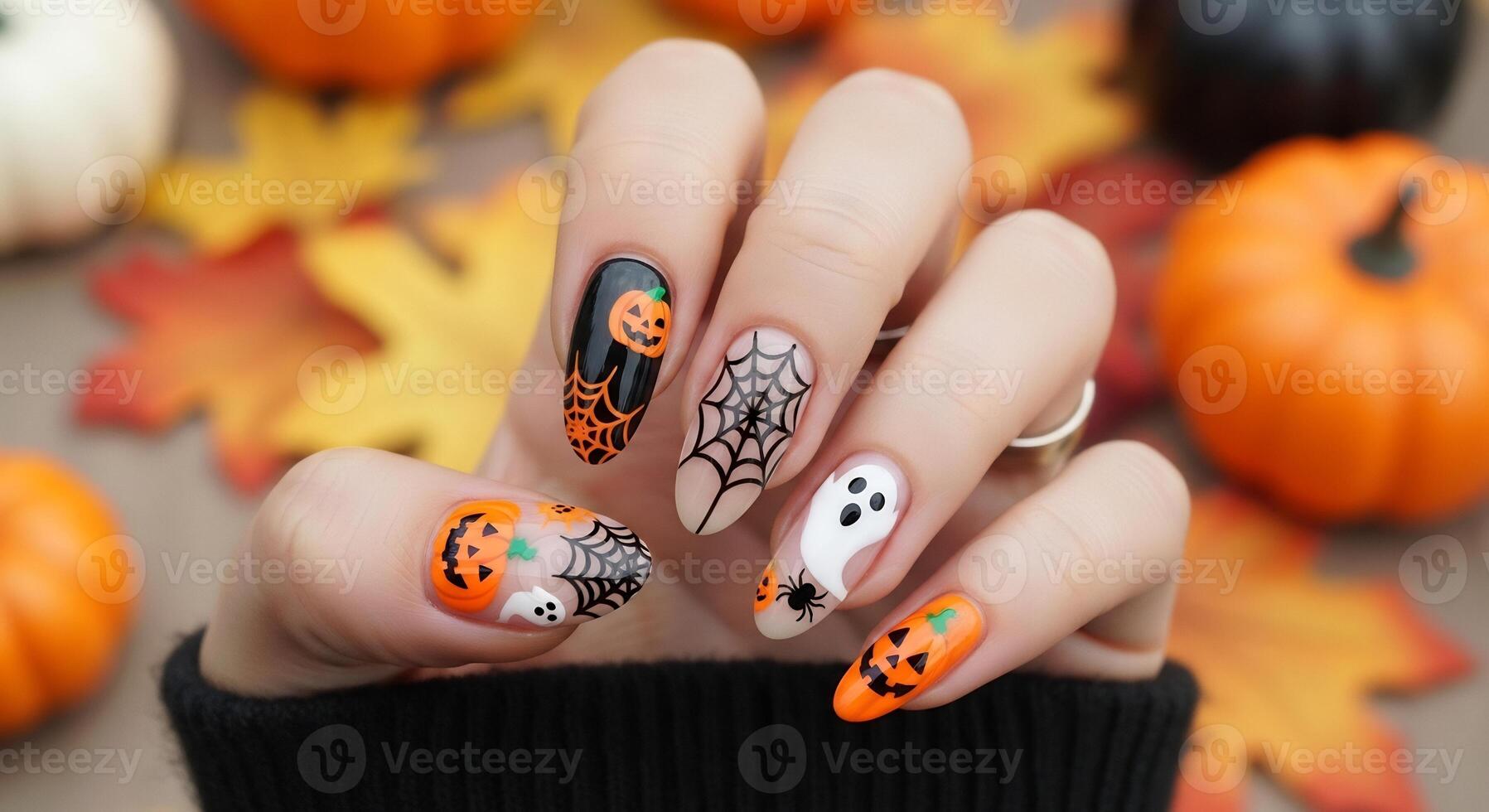 Close-up of a hand with festive Halloween nail art designs, featuring pumpkins, spiders, and ghosts. photo