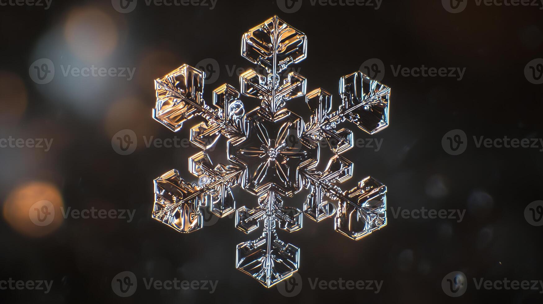 Detailed macro shot of a unique, translucent snowflake crystal on a dark background. photo
