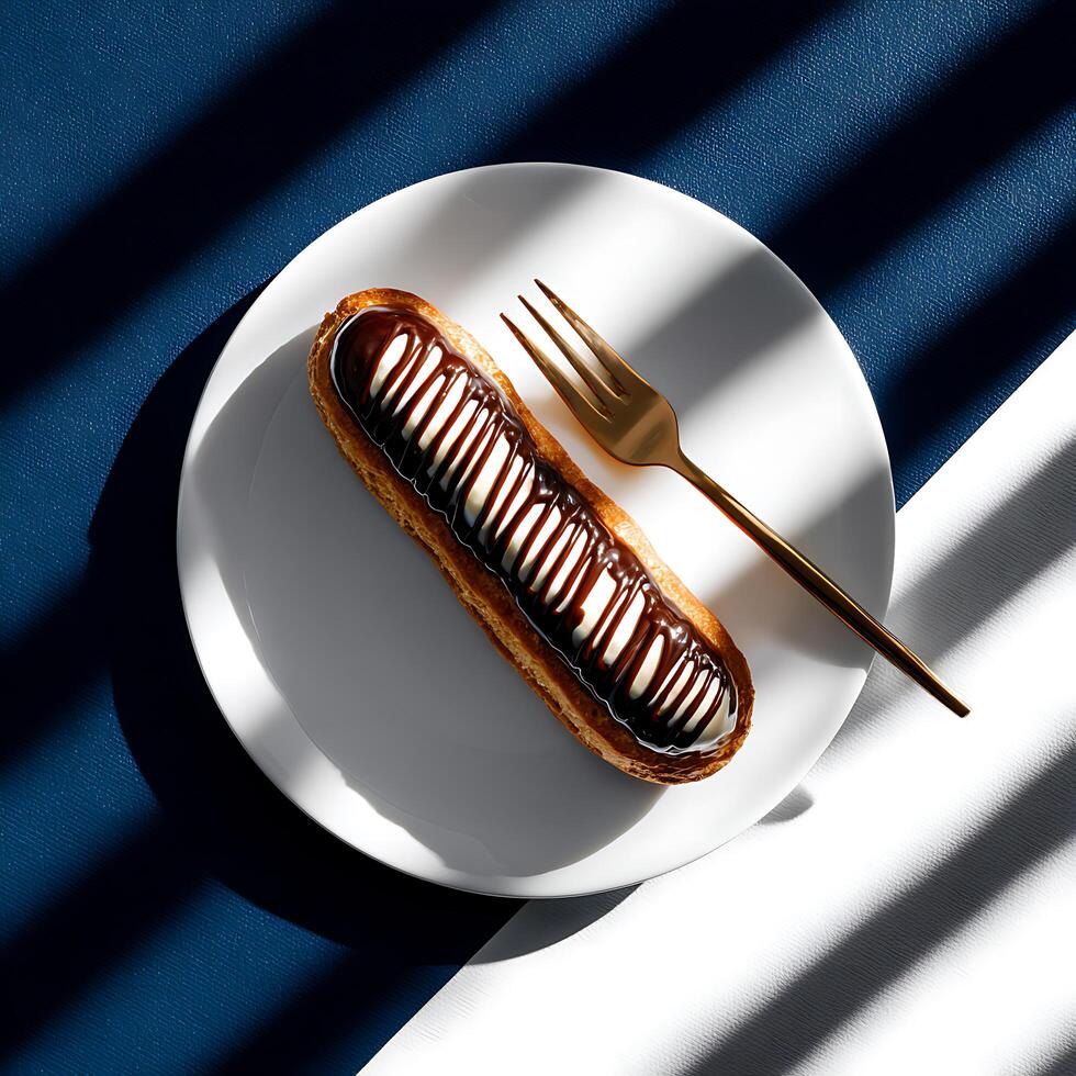A single eclair perfectly coated and topped with fine chocolate photo