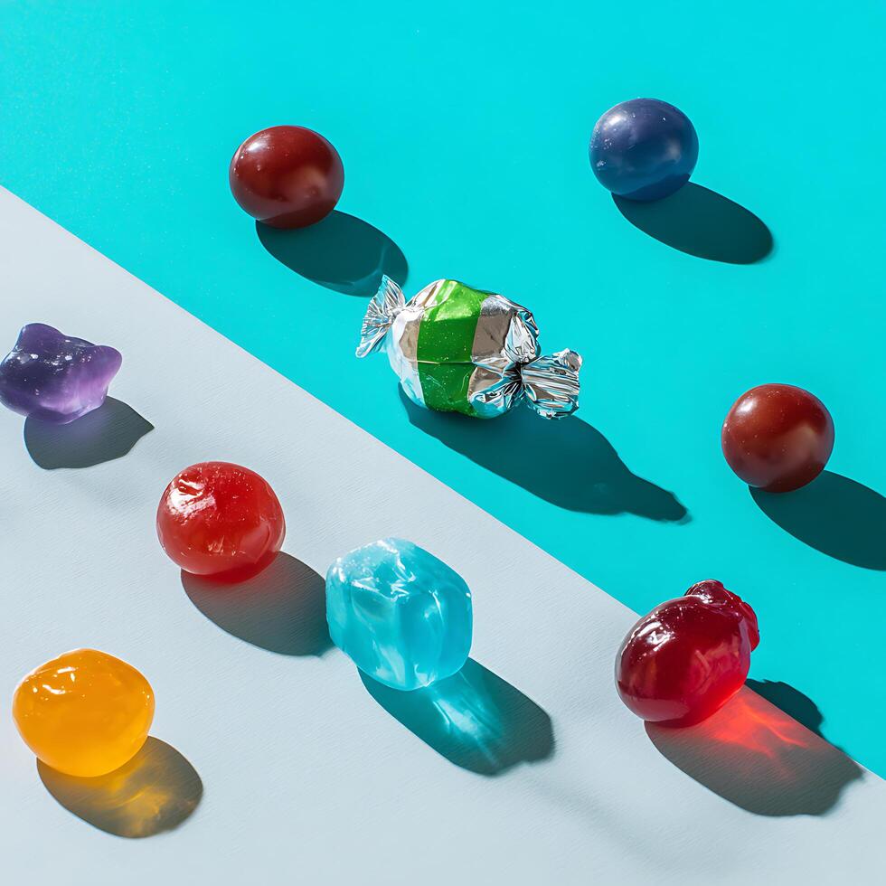 Brightly colored, shiny hard candies spread across a clean surface photo