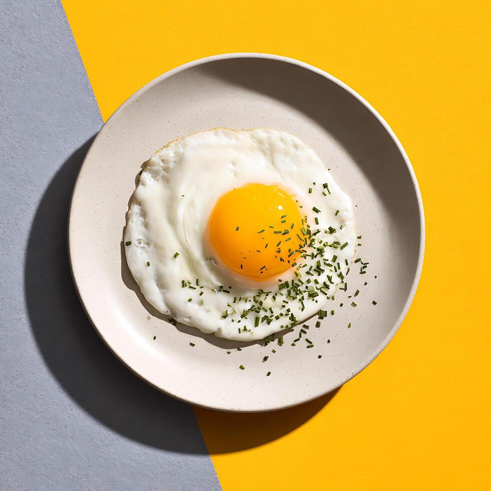 Perfectly cooked fried eggs placed on a white plate, sprinkled with chopped spring onions photo