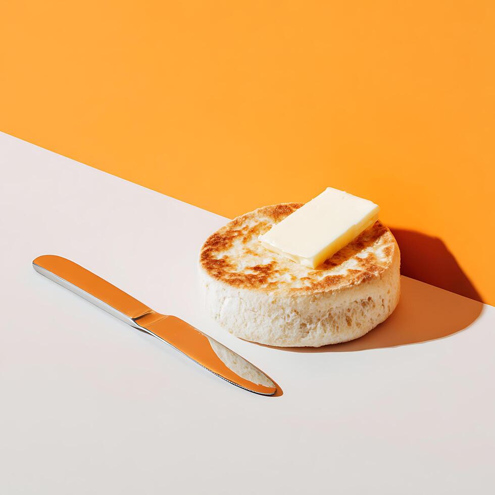 Freshly baked English muffins topped with melted butter and served with a small knife photo