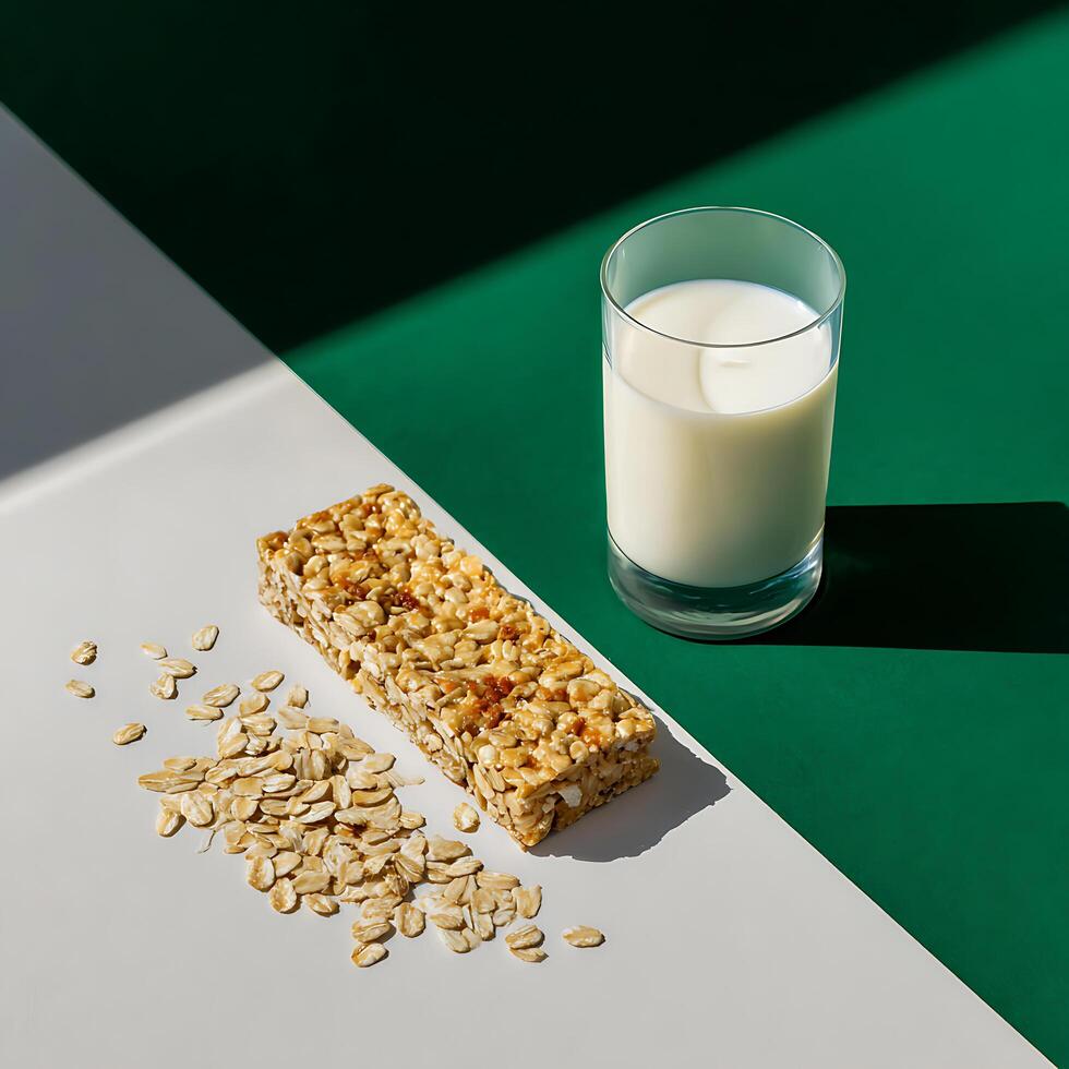 Full granola bar and oats with a small glass of milk photo