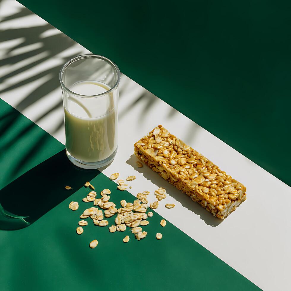 Full granola bar and oats with a small glass of milk, sunlight photo