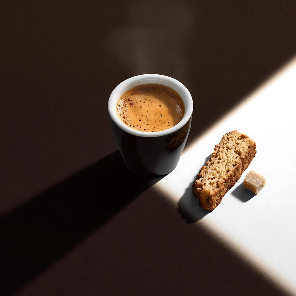 Hot espresso with a delicious crema, served with small biscotti and small sugar cubes photo