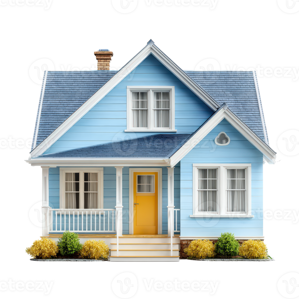A blue house with a yellow door and porch png