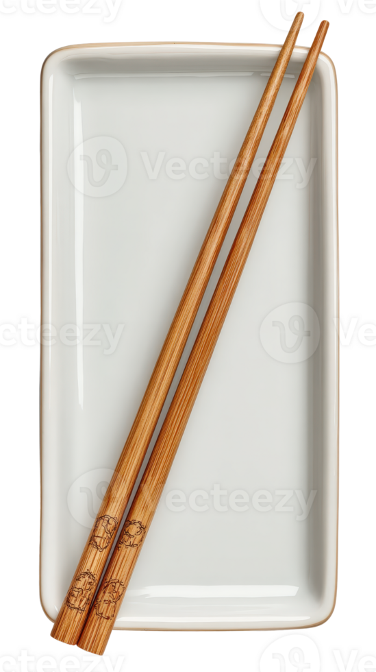 Elegant Bamboo Chopsticks Resting on White Rectangular Plate png