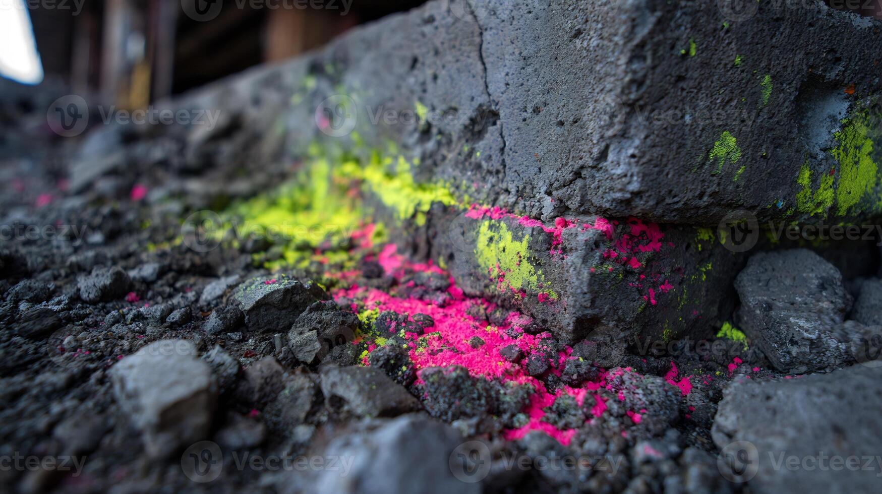 Textured concrete debris, contrasting with bright pink and yellow powder. photo