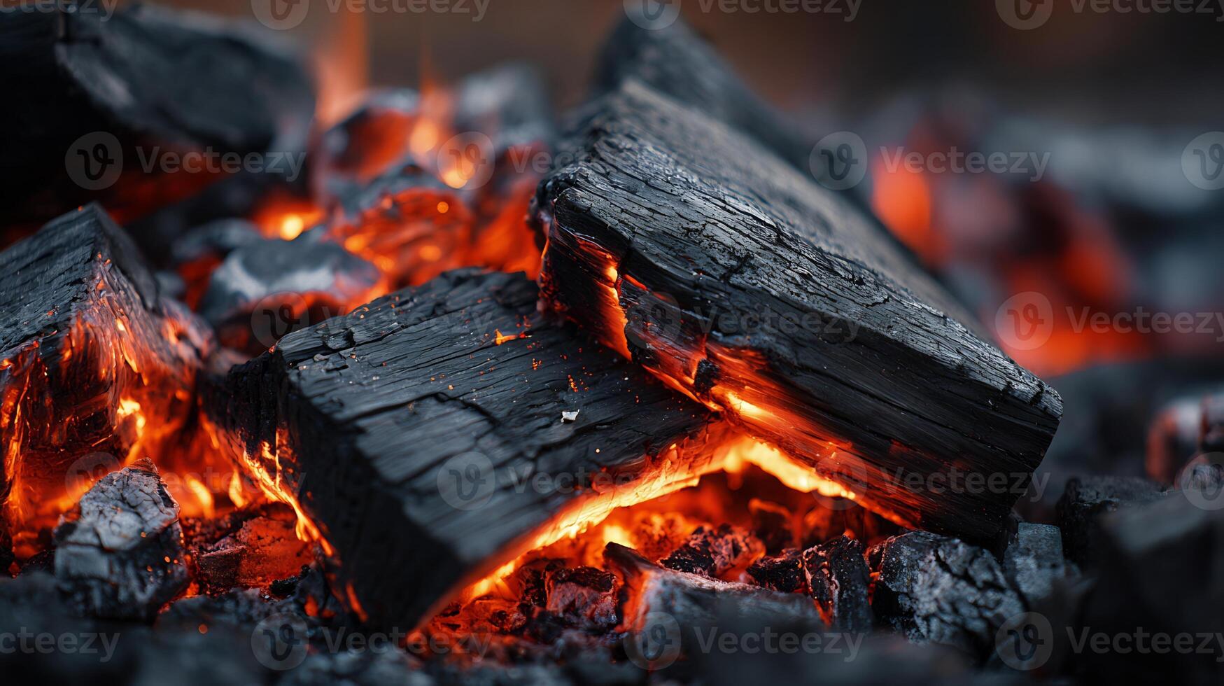 Red hot charcoal pieces radiate intense heat and a fiery glow. photo