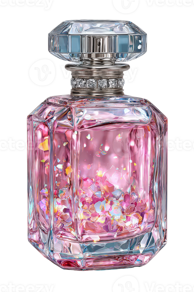 Elegant pink perfume bottle with floral elements and sparkle png