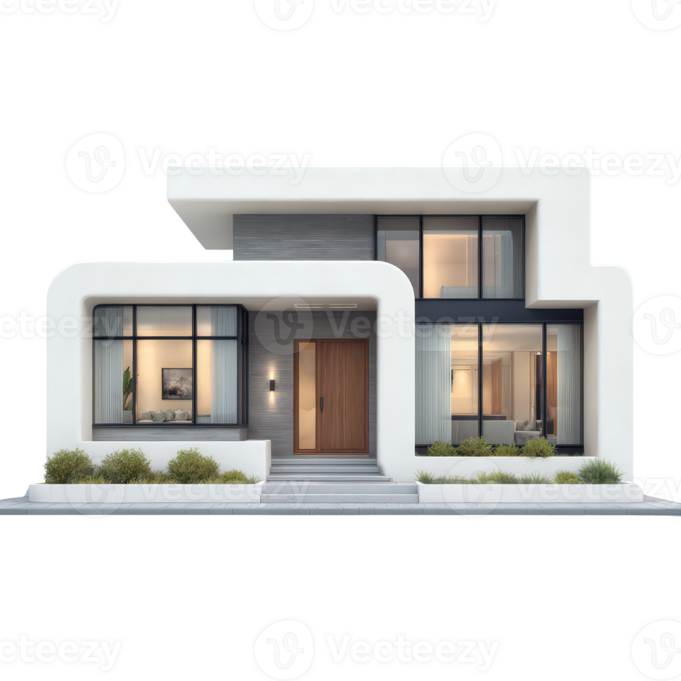 Modern house with white exterior and black windows png