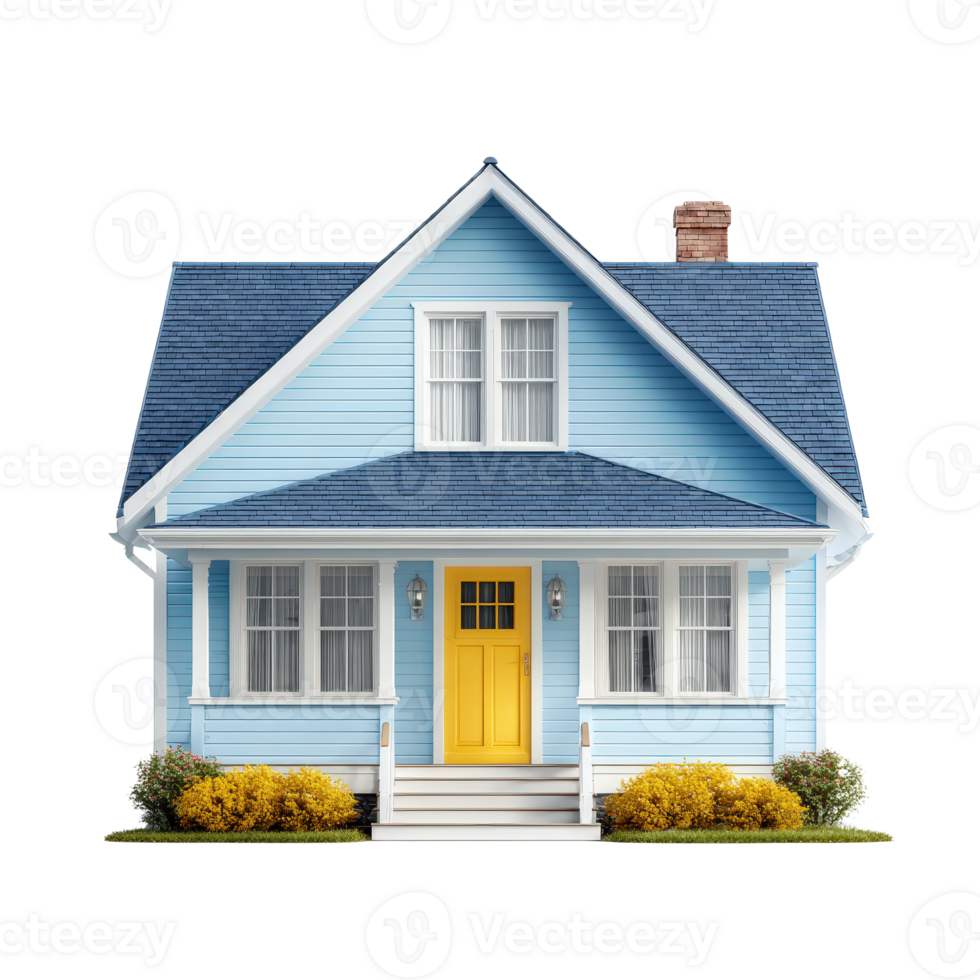 A blue house with a yellow door and a white front porch png