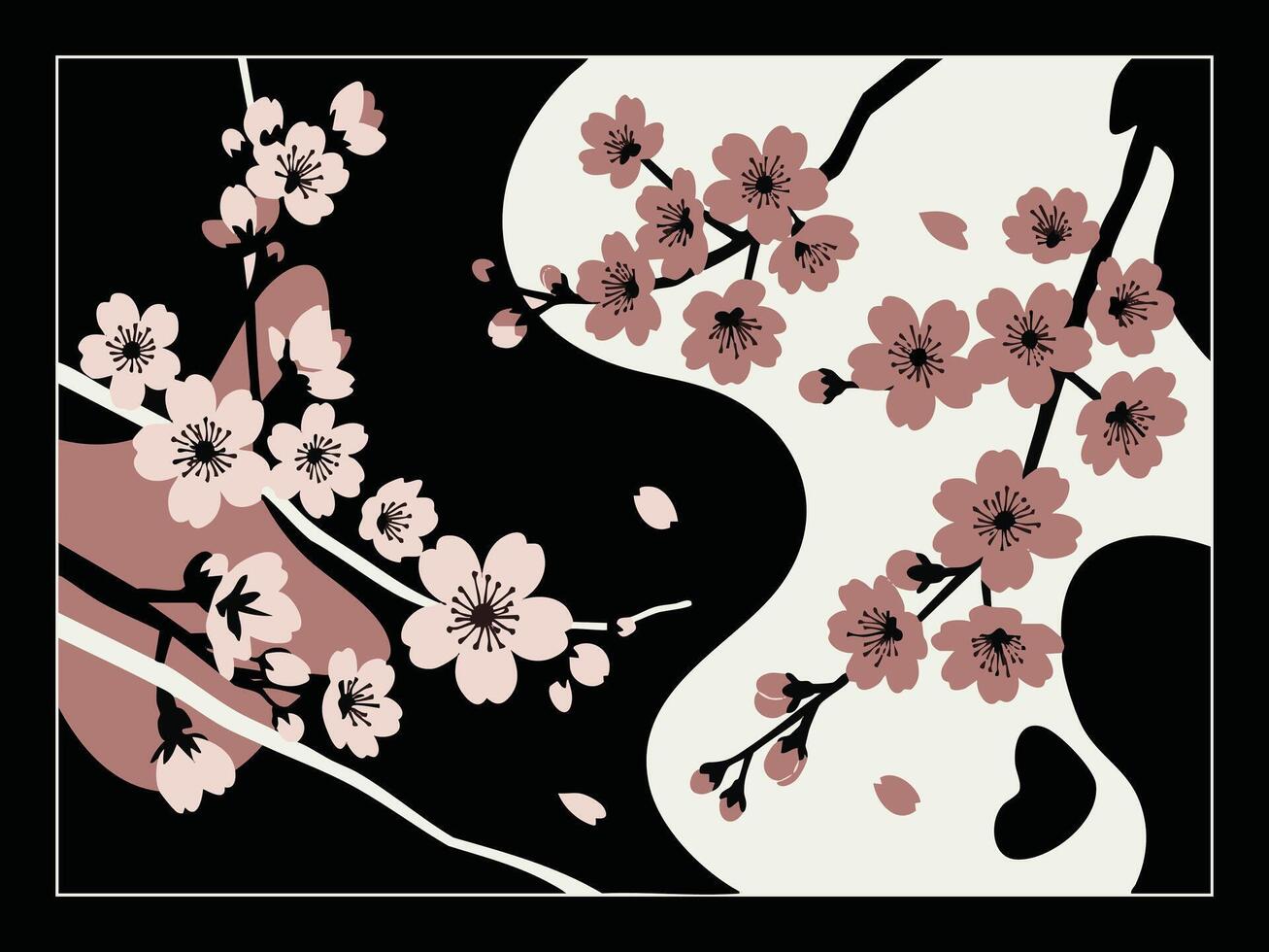 Artistic Cherry Blossom Branches with Abstract Background in Contrasting Colors vector