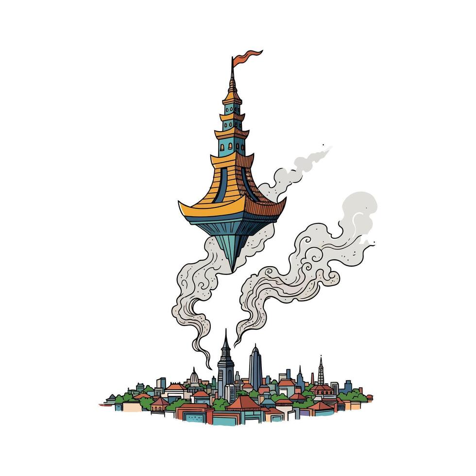 Floating Pagoda-Style Building Above Cityscape Colorful Cartoon Illustration. vector