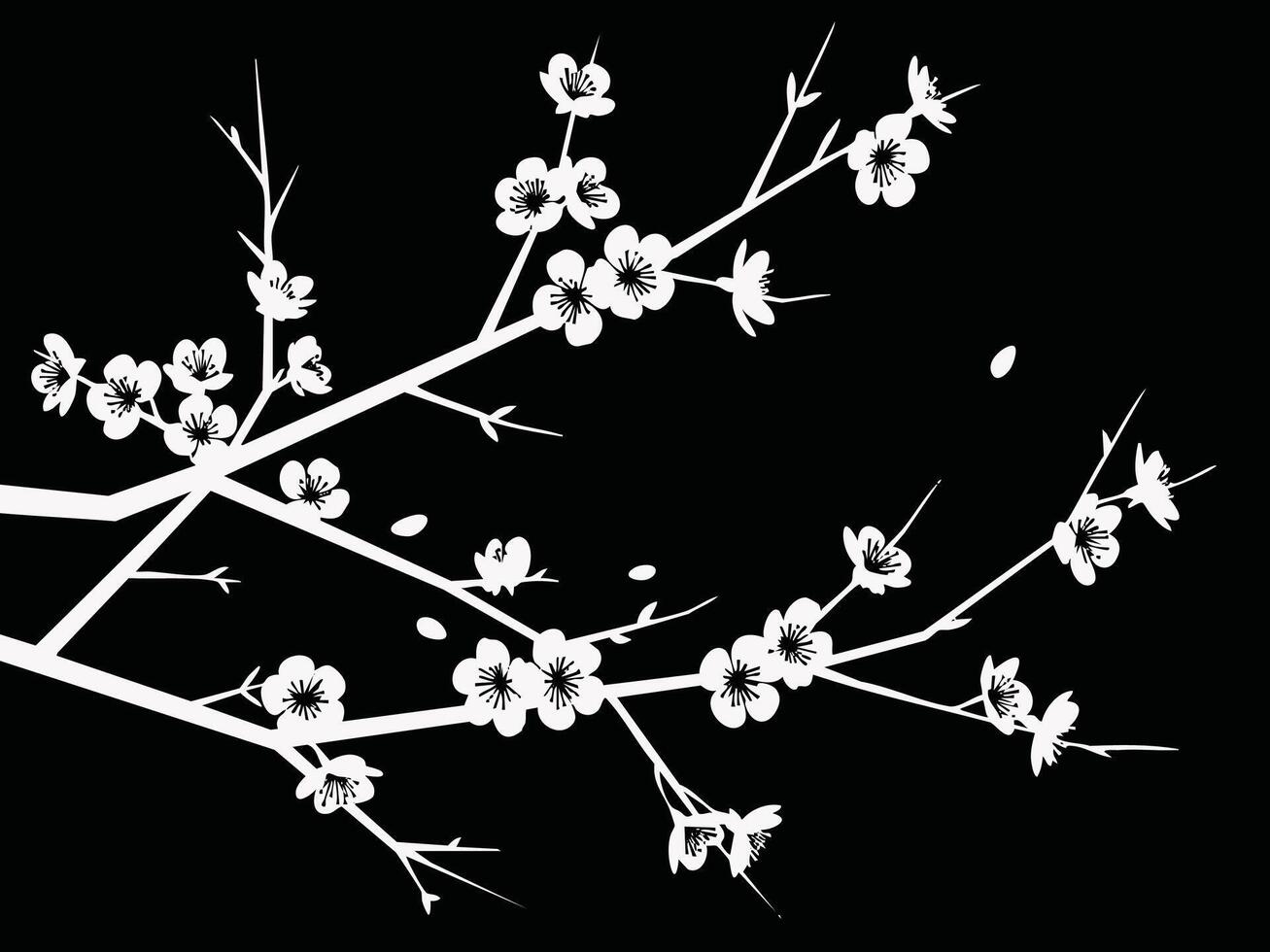 Elegant White Blossom Branch Silhouette Against Black vector