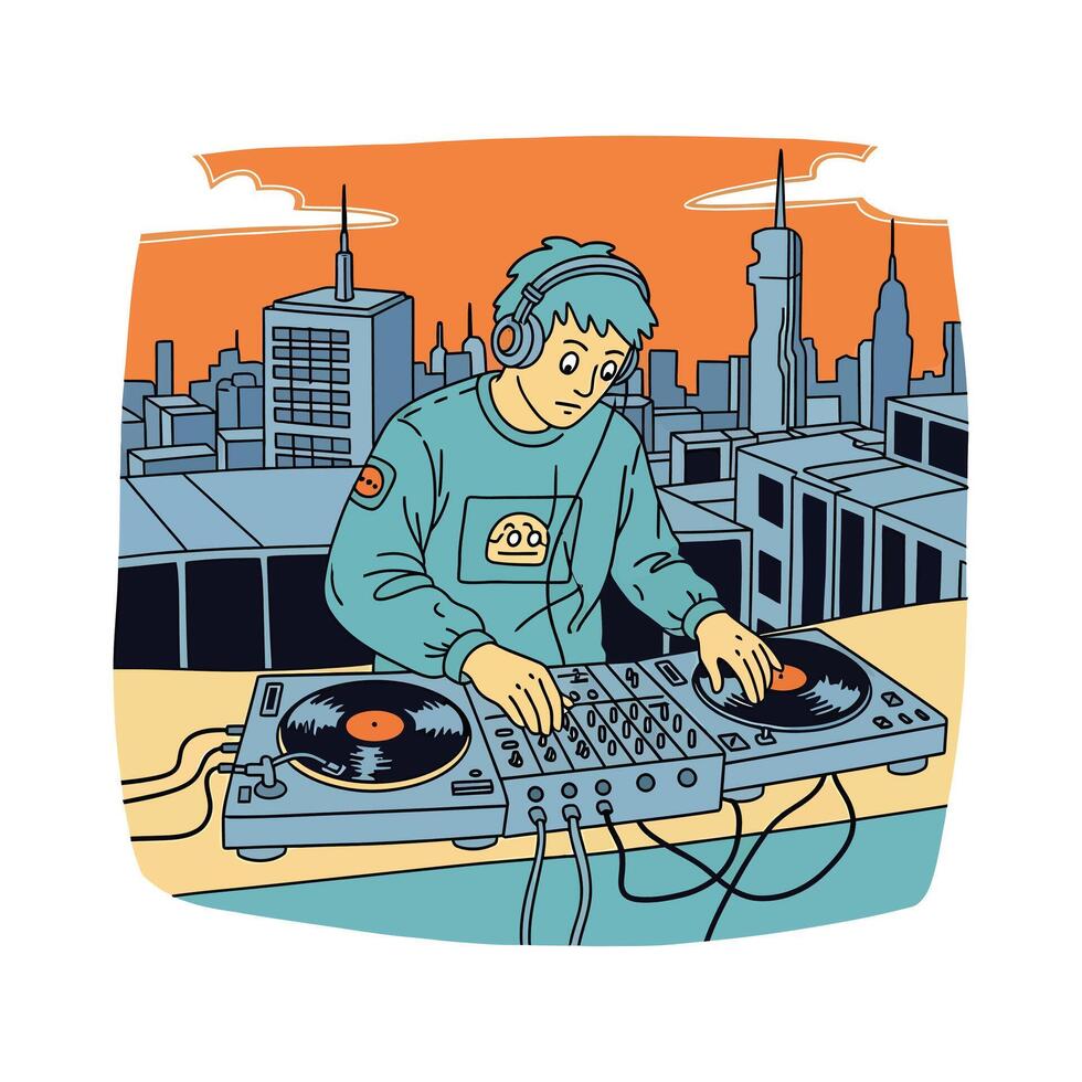 Cartoon DJ with Headphones Mixing Music on Turntables Cityscape Backdrop. vector