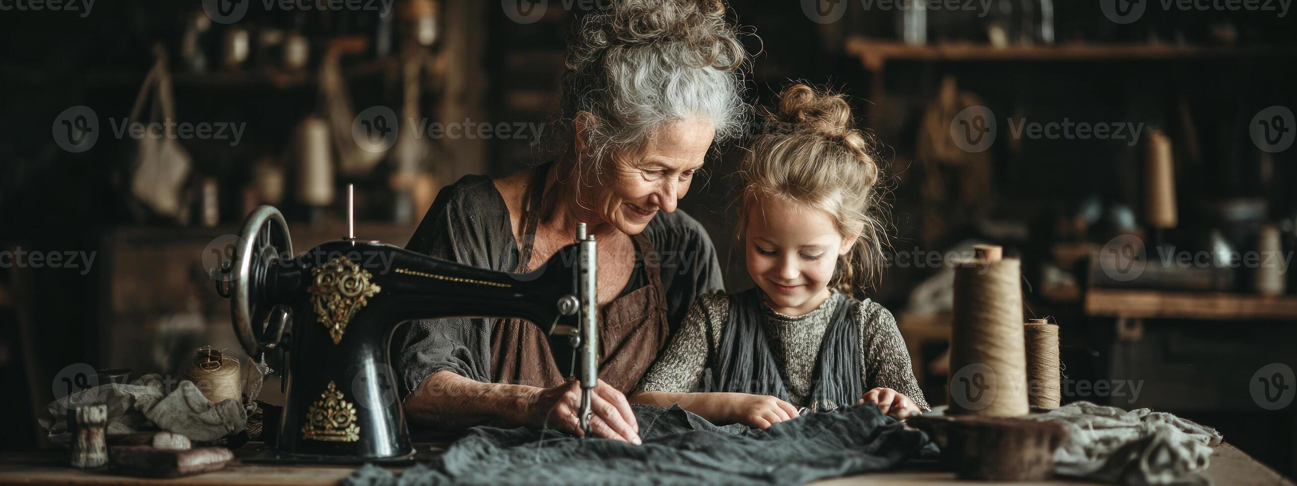 An older woman and a young girl working on a sewing machine photo