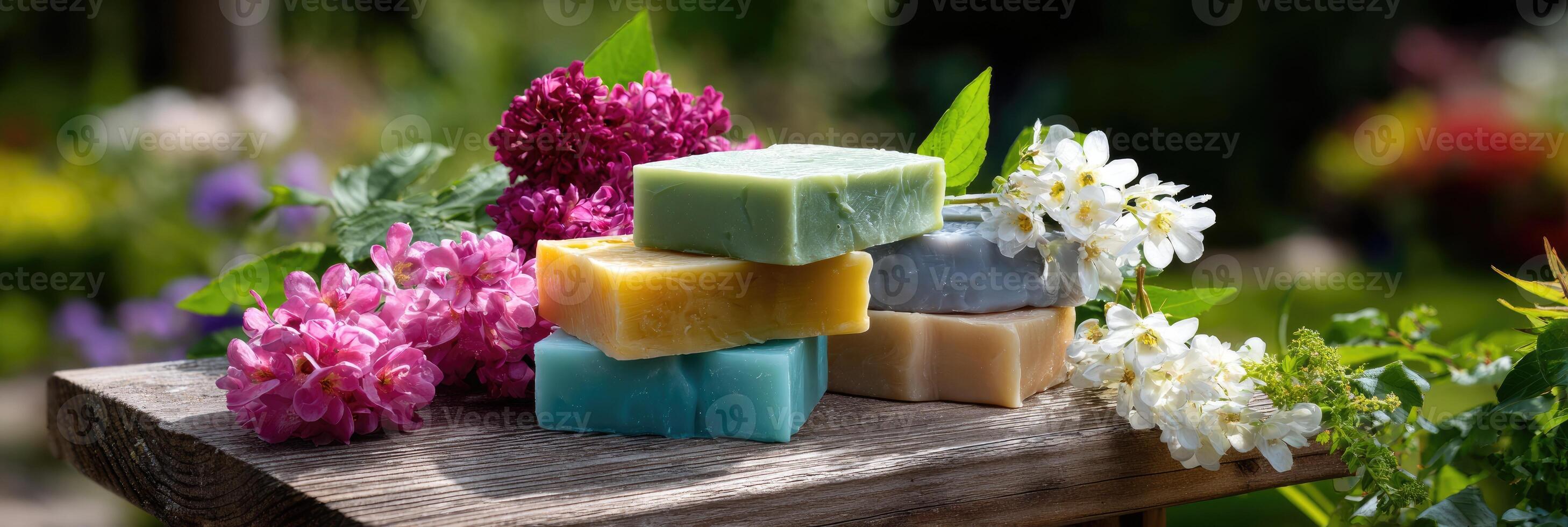 Vibrant handmade soaps with flowers photo