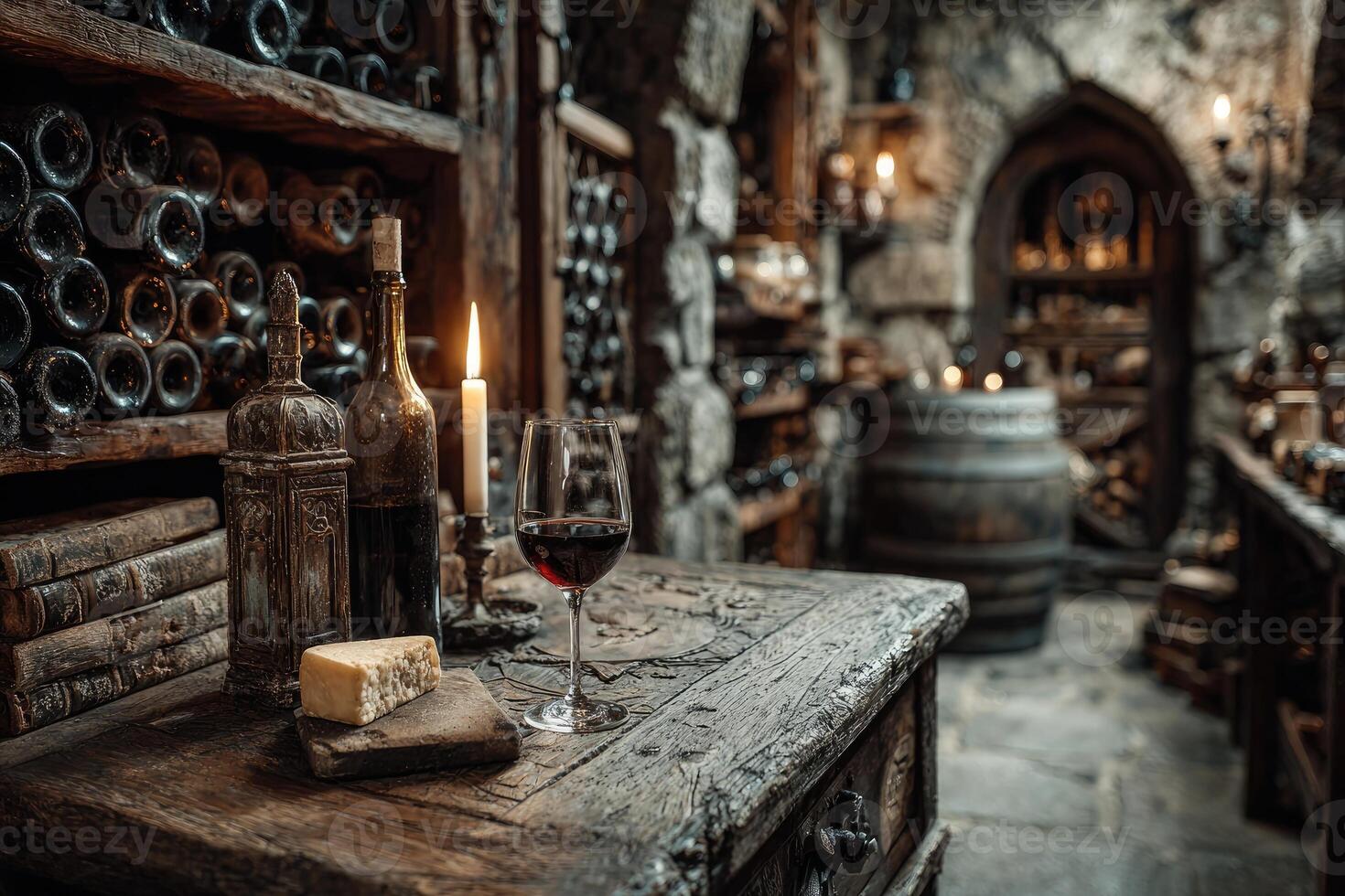 wine cellar with cheese and candle photo