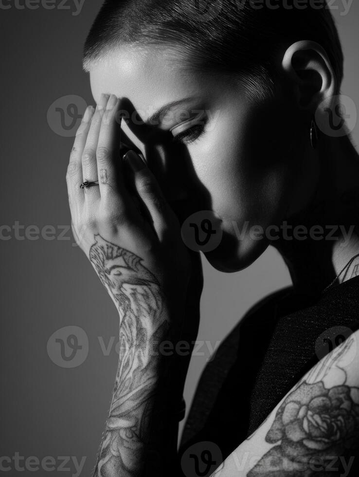 Tattooed person in black and white photo