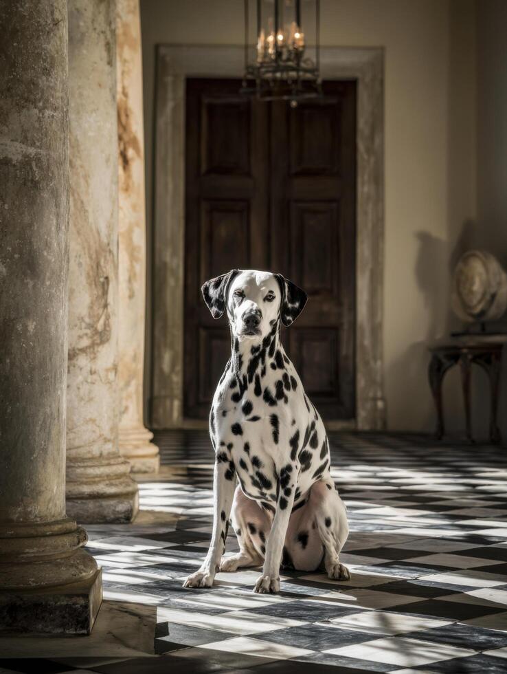 On a checkered floor an elegant Dalmatian is standing photo