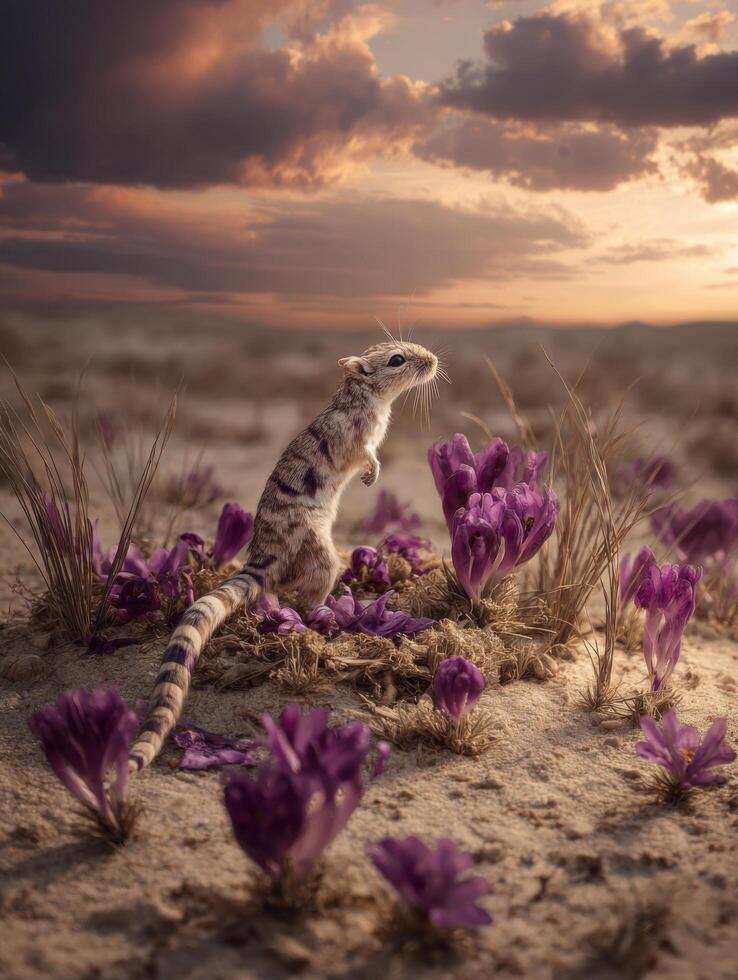 Desert creature among purple flowers photo