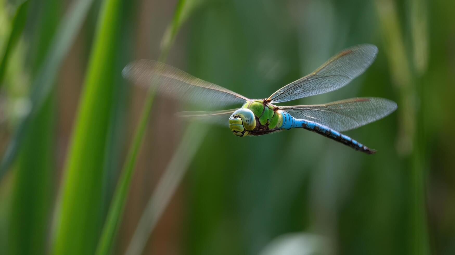 dragonfly flying in green vegetation photo