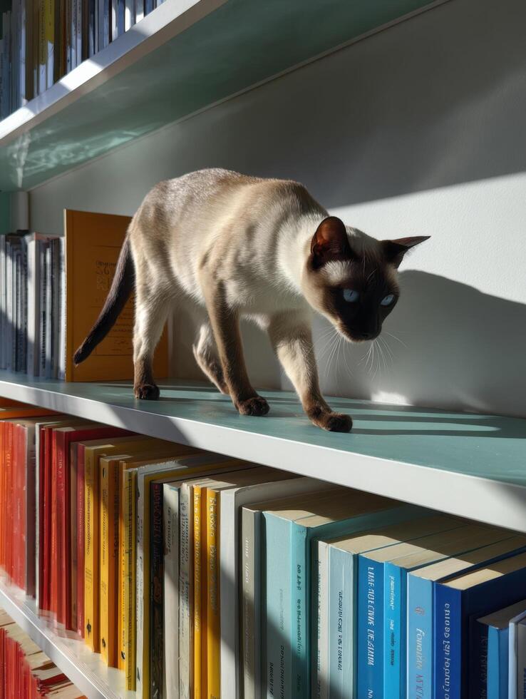 On a minimalist bookshelf an elegant Siamese cat rests photo