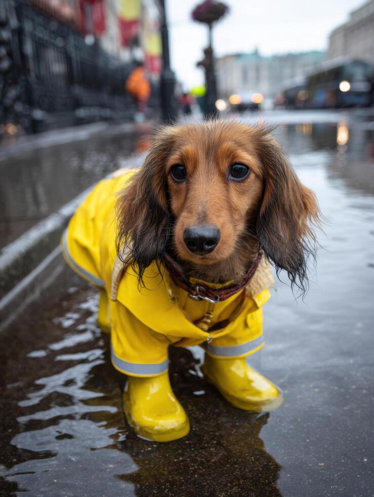 In a raincoat and boots a grumpy dachshund is pouting photo