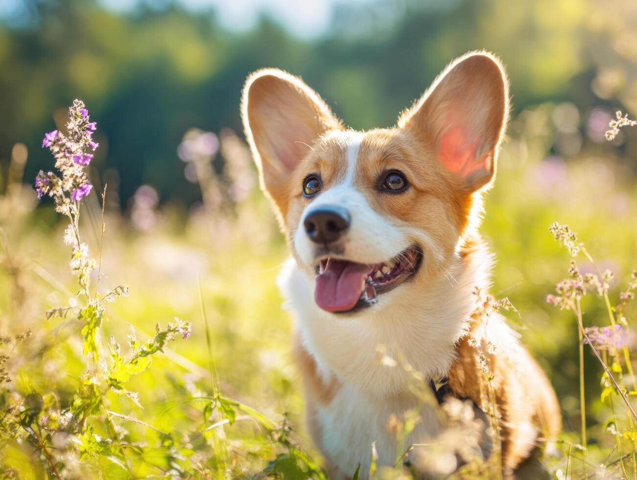 In a late summer wildflower field a joyful corgi plays photo