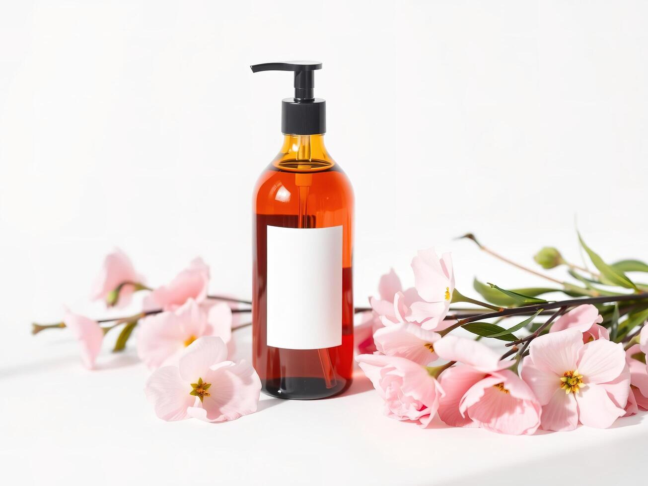 Amber bottle with pink flowers photo