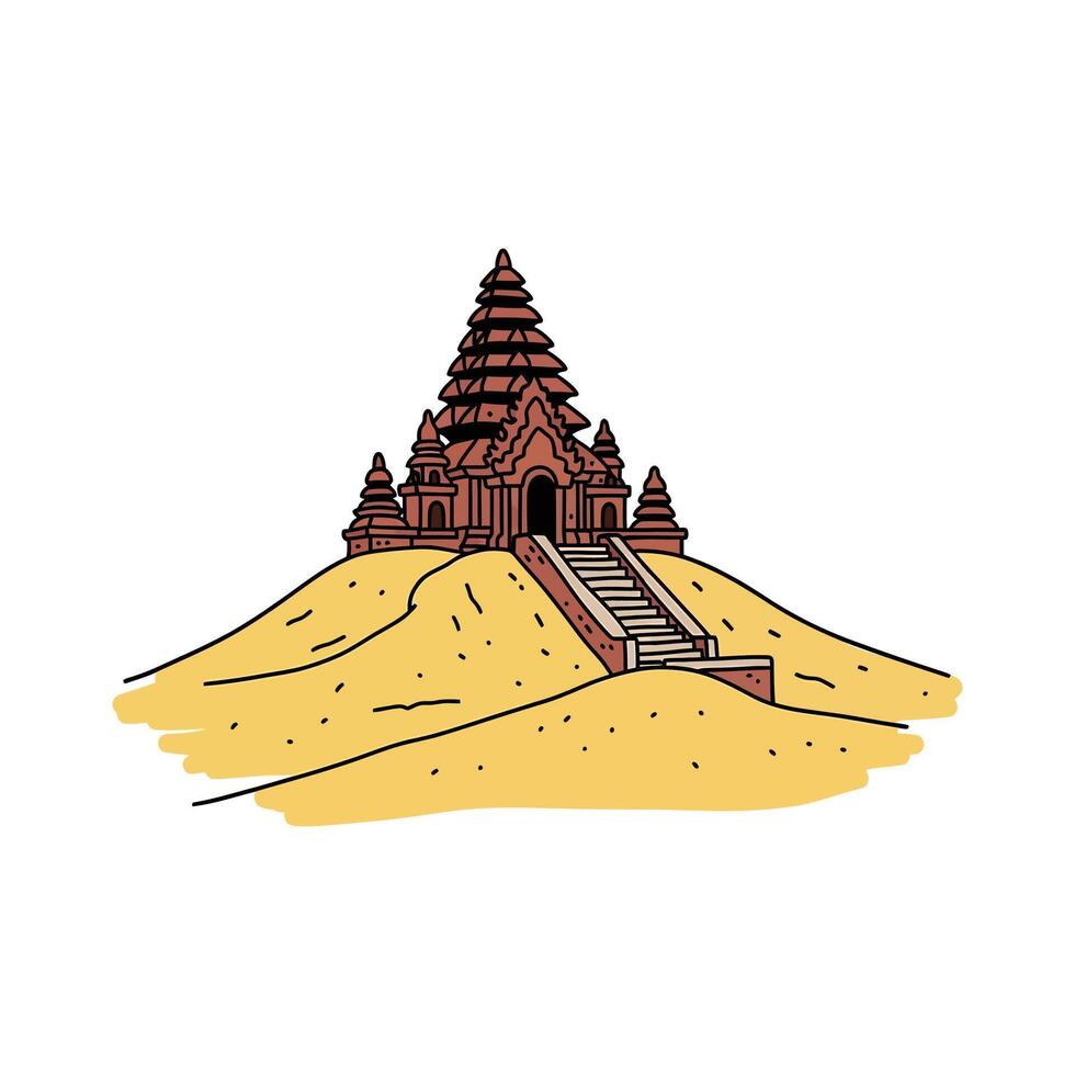 Stylized Illustration of a Brown Temple on a Sandy Hill with Stairs. vector