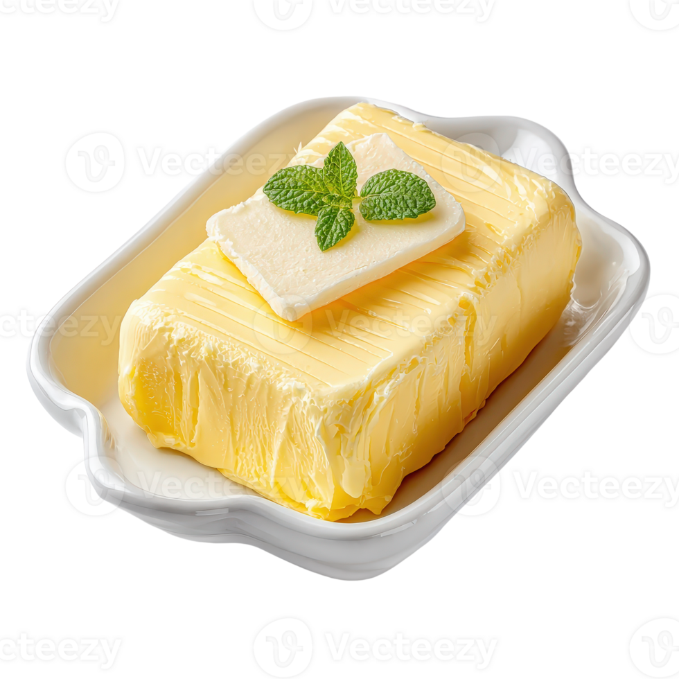Freshly Wrapped Butter with Mint Leaf on White Dish png