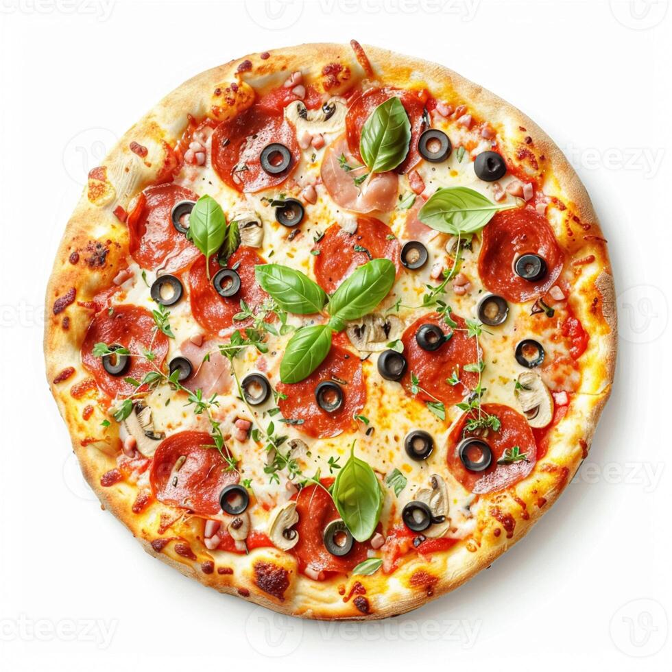 Gourmet Italian pizza, featuring pepperoni, ham, mushrooms, black olives, and basil leaves, on a crisp crust, isolated on white. photo