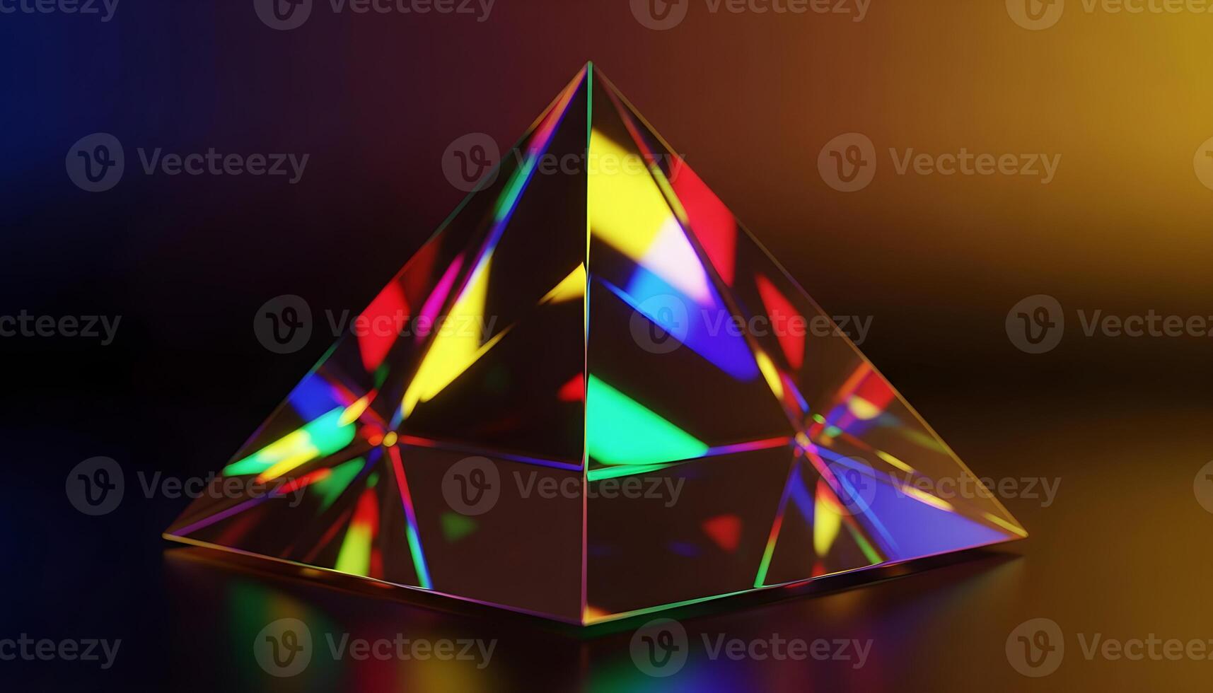 Crystal geometric pyramid with vibrant neon color reflections on black background with warm gradient and bokeh effect photo