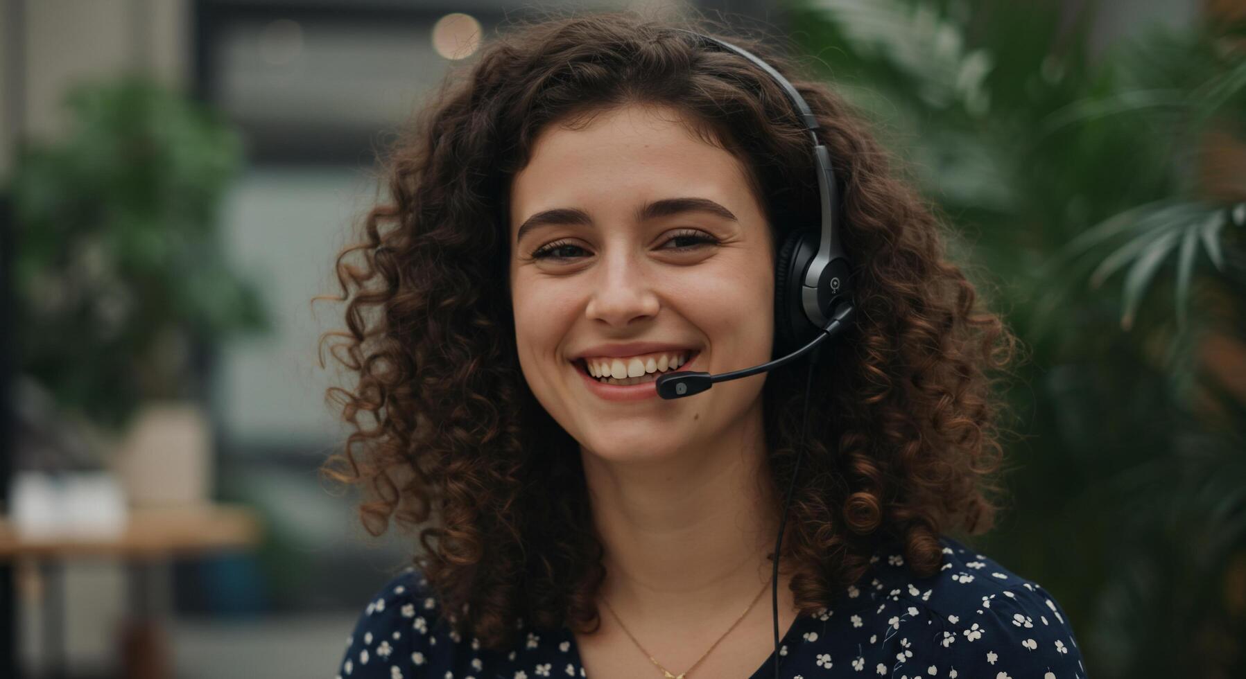 A woman wearing a headset while smiling photo