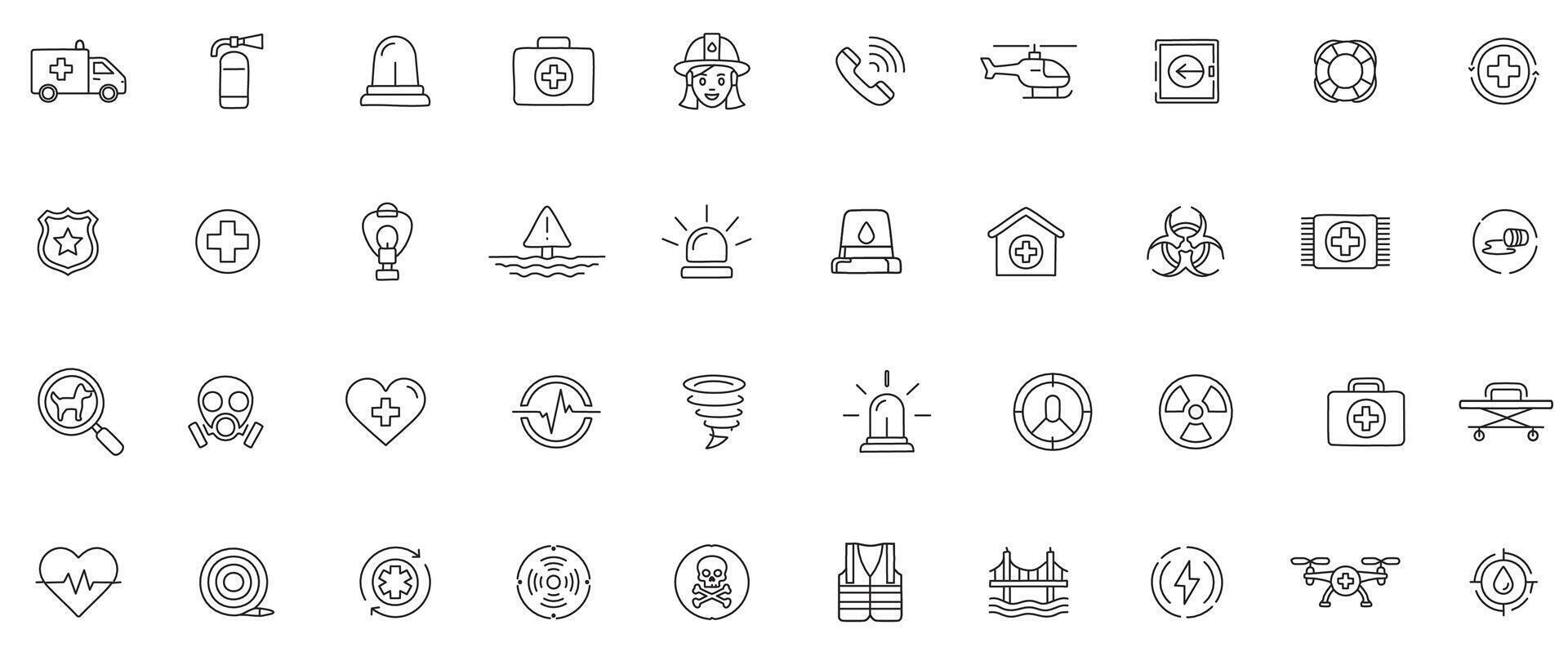 Emergency Line Art Icon Set Thin Outline Icons for Medical, Rescue, and Disaster Response vector