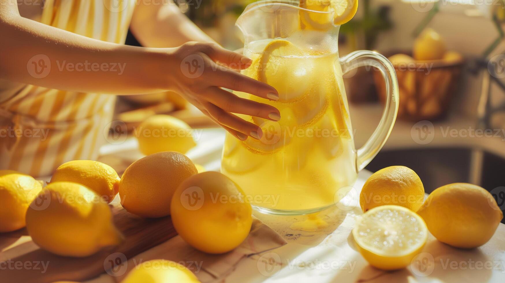 Close-up of hands preparing a fresh lemon into a glass pitcher, with lemon juice dripping down, photo