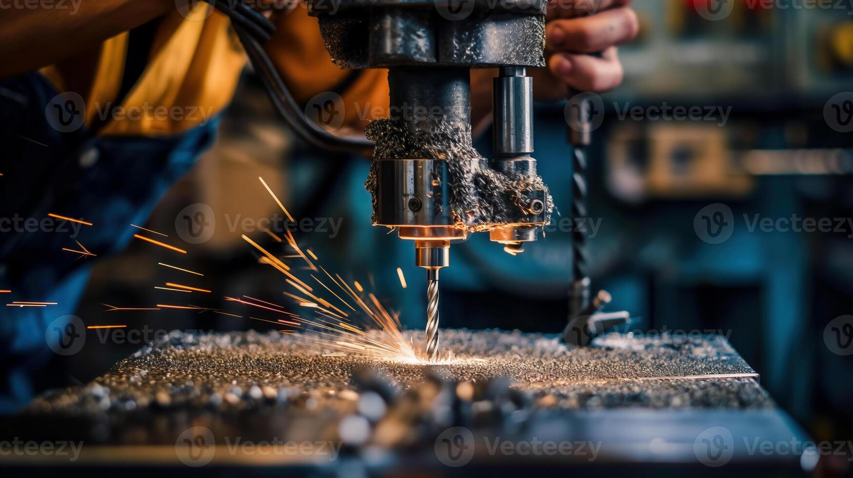 Drilling Metal Plate. Metalworking activity concept photo