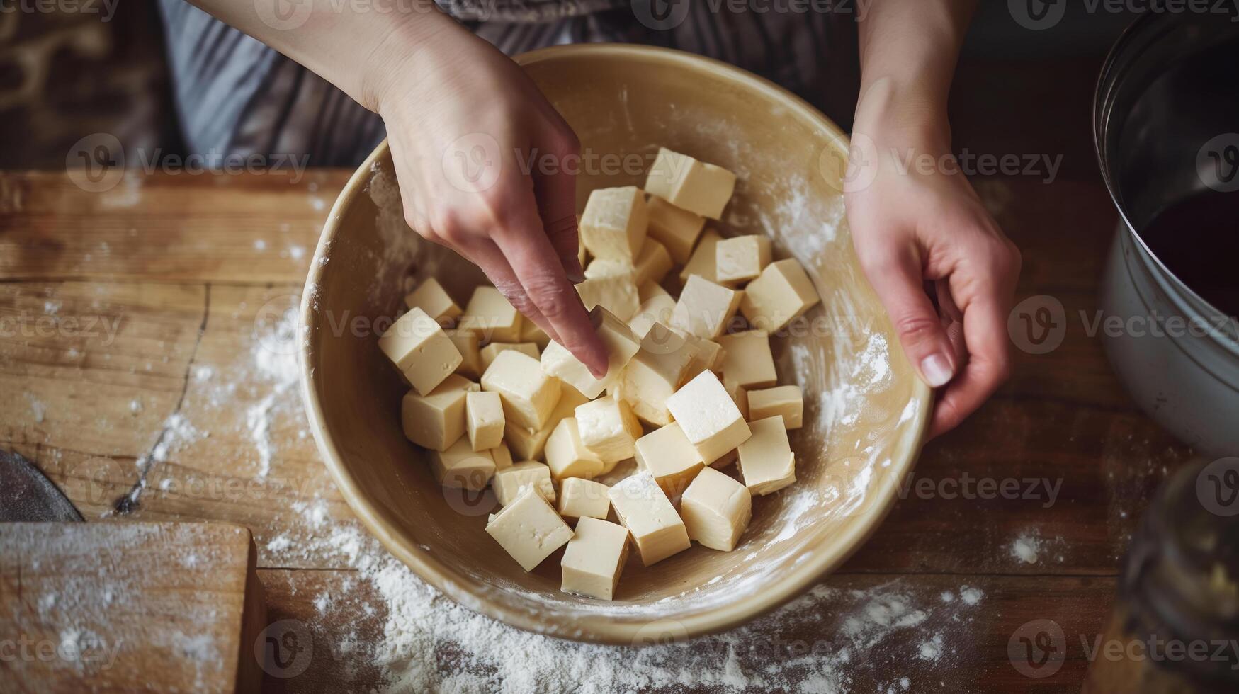 Marinating Tofu. Close-up detail of hands mixing tofu cubes with a marinade in a bowl. photo