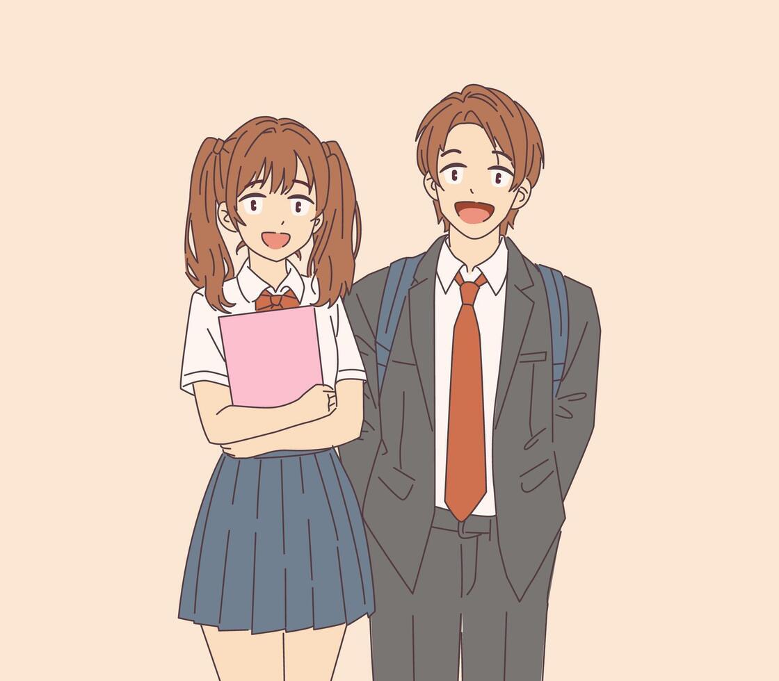 Two cheerful students in school uniforms vector