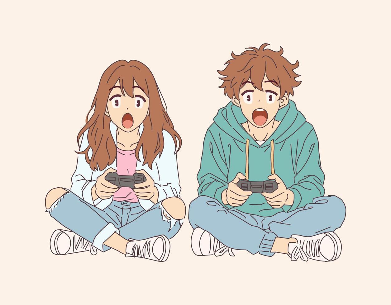 Two young gamers playing video games vector