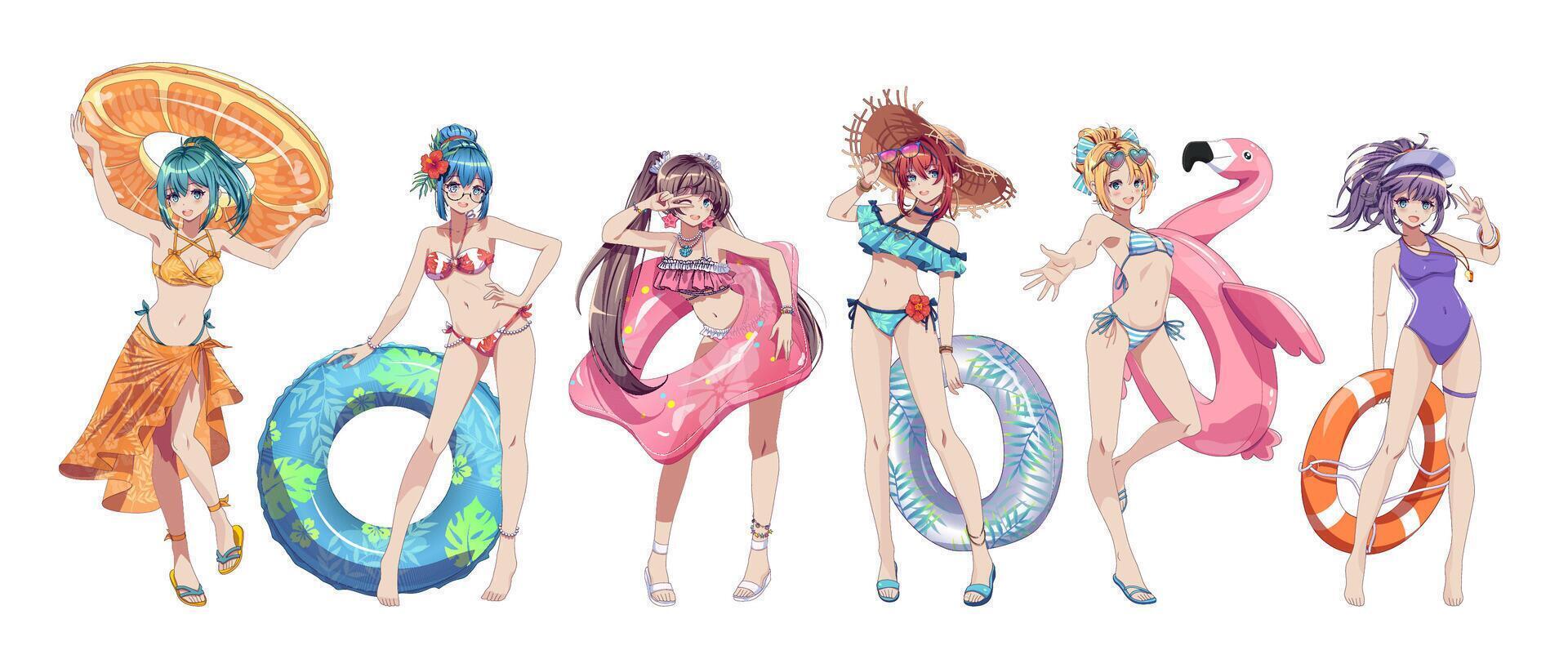 Anime girls in swimsuits with colorful floats vector