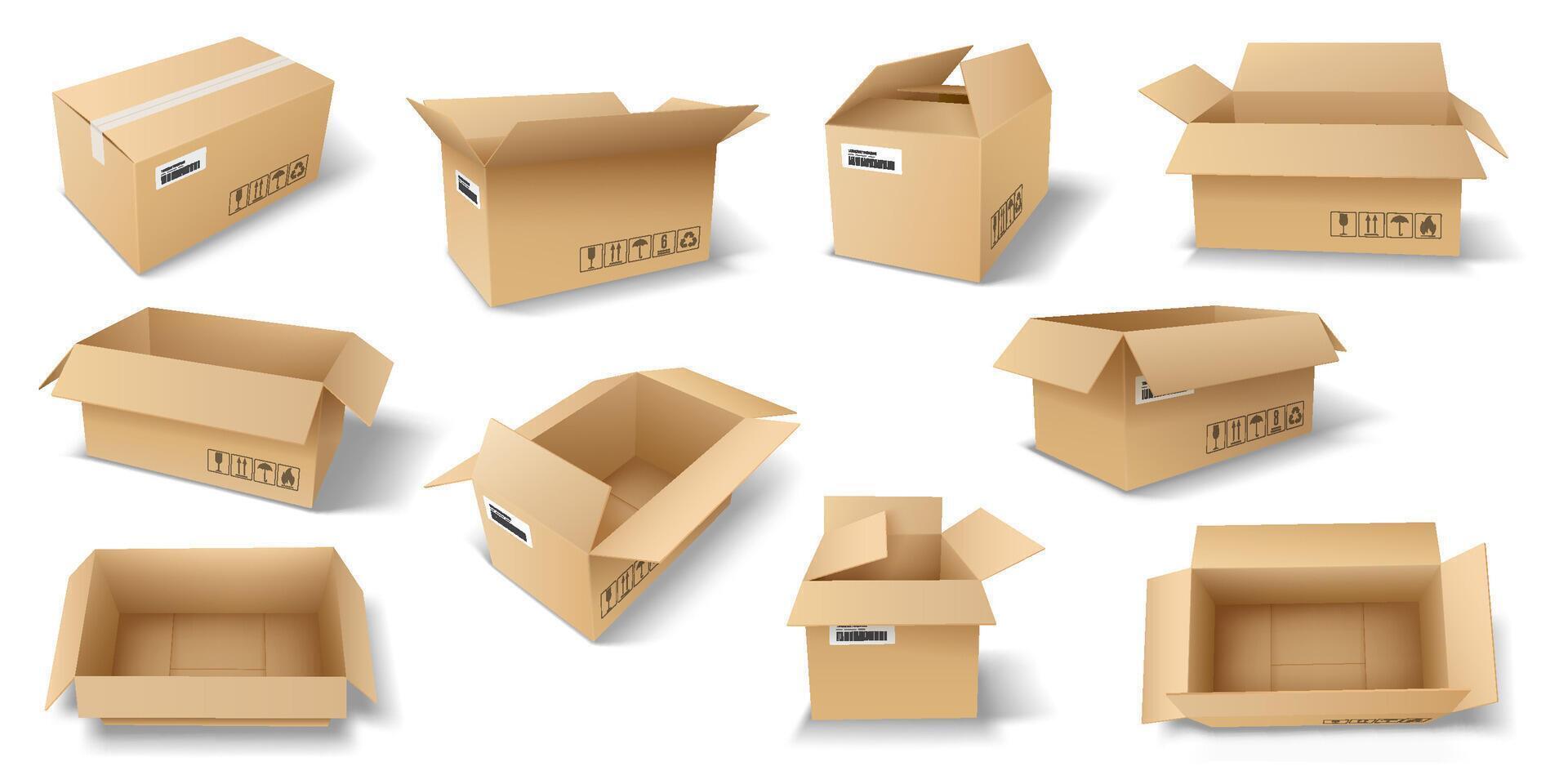 set of cardboard boxes in different styles vector