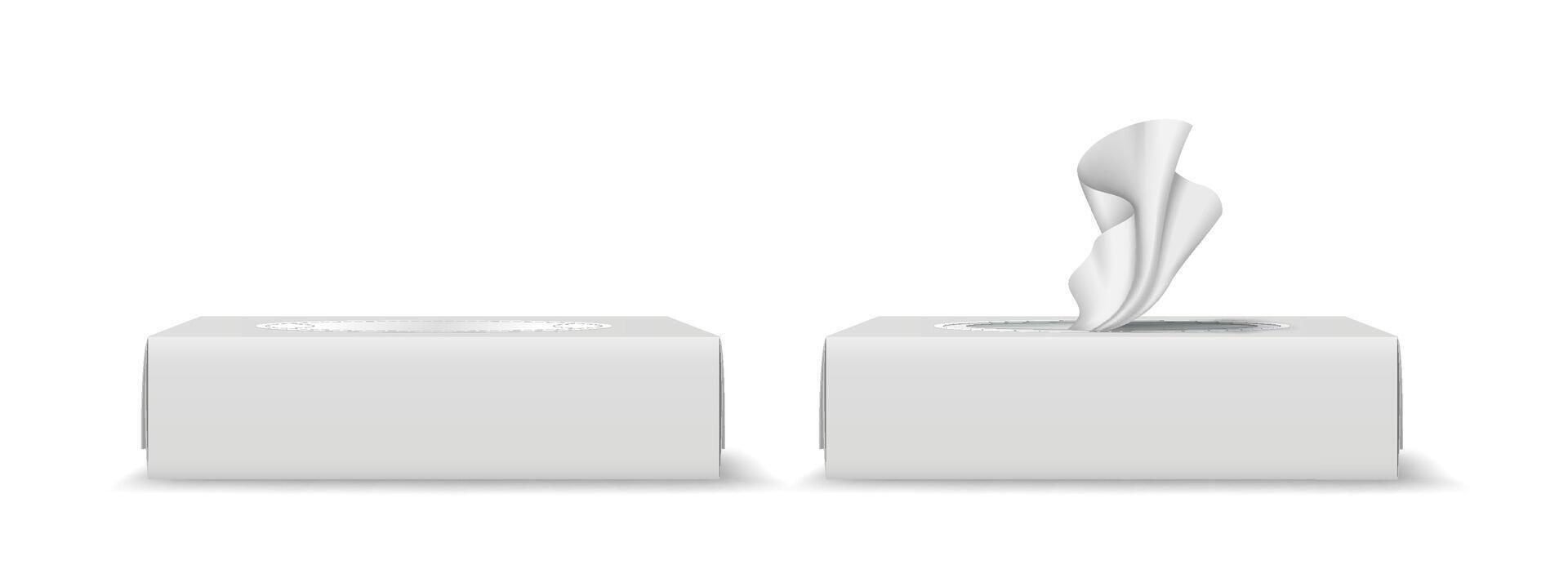Realistic tissue box mockup with one box closed and one tissue emerging. Simple white background emphasizes clean design. Ideal for product presentations. vector